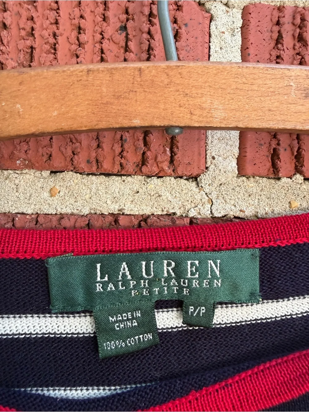 Ralph Lauren Navy and White Striped Boatneck Sweater with Red Trim